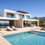 Moderne mediterrane Villa in Andalusien mit Natursteinfassade, großen Glasflächen und Pool