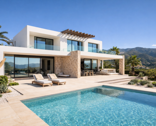Moderne mediterrane Villa in Andalusien mit Natursteinfassade, großen Glasflächen und Pool