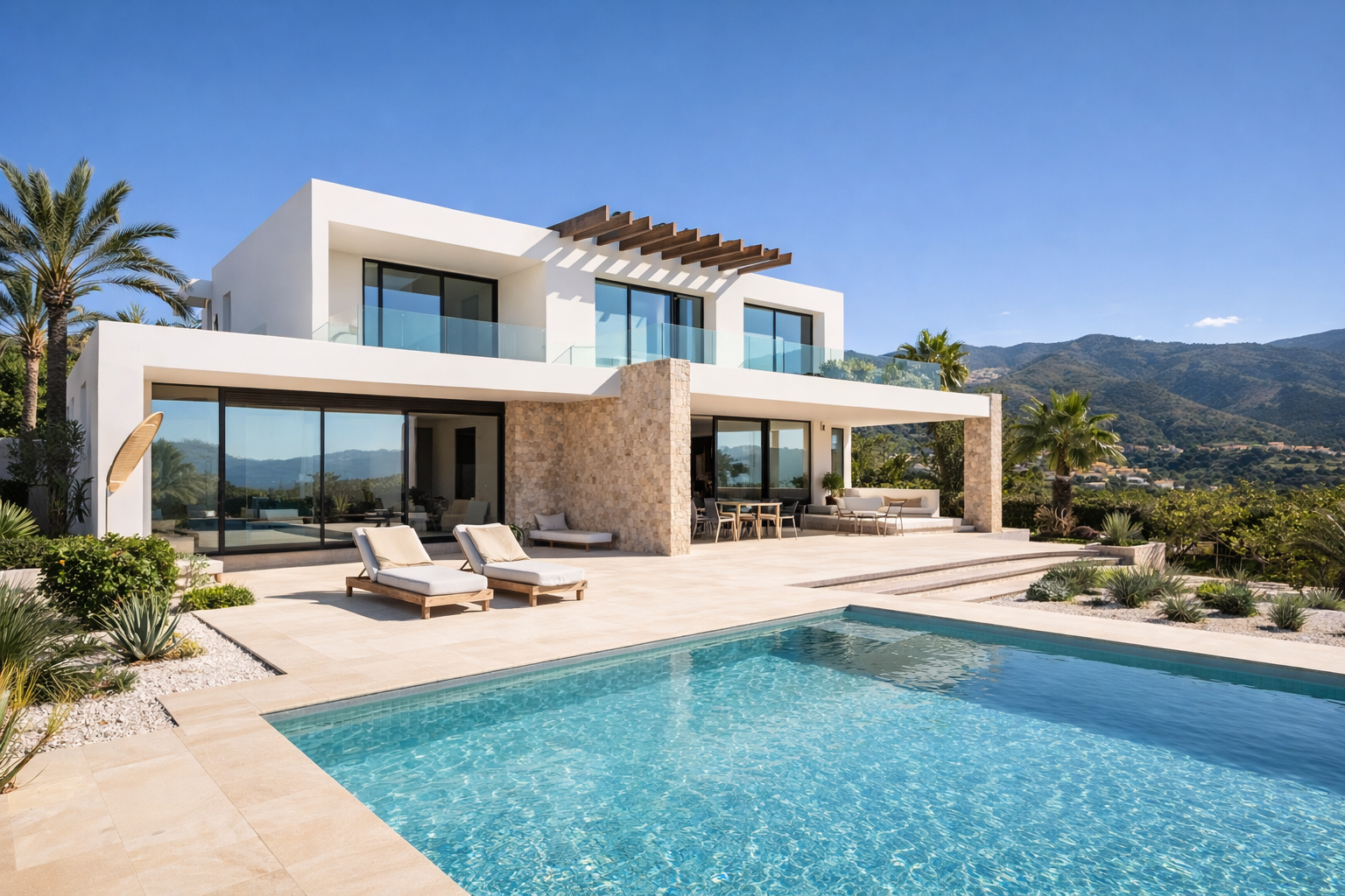 Moderne mediterrane Villa in Andalusien mit Natursteinfassade, großen Glasflächen und Pool