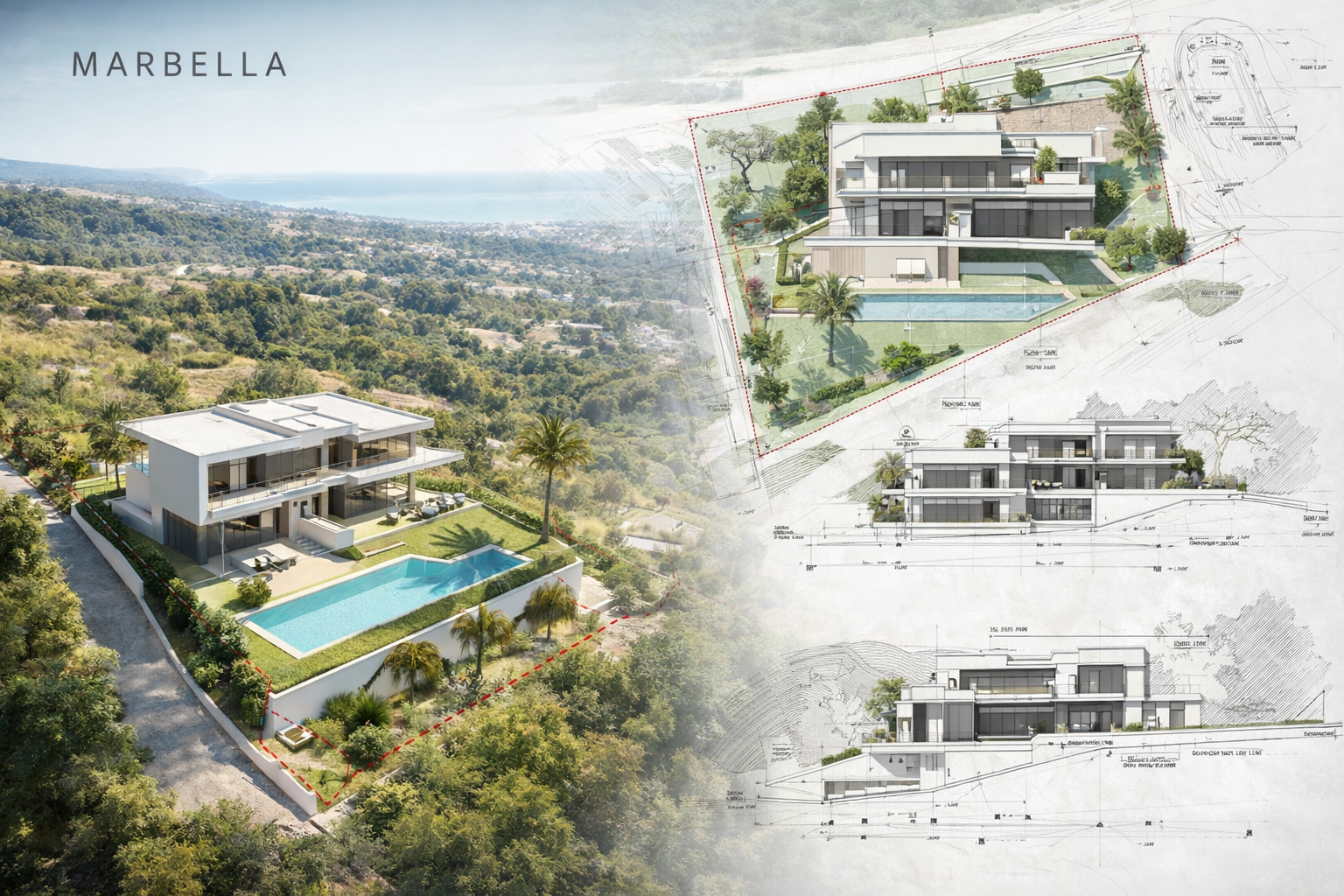 Bebauungsstudie einer modernen Villa auf einem Grundstück in Marbella